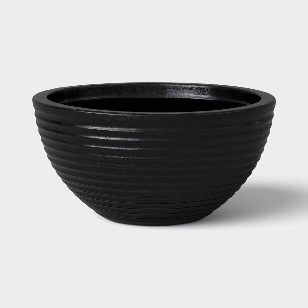 Threshold Grooved Outdoor Planter Bowl Black 16x8 New